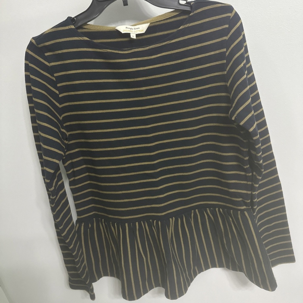 People Tree Organic Cotton Black Top With Gold Stripes Women's Sz 12